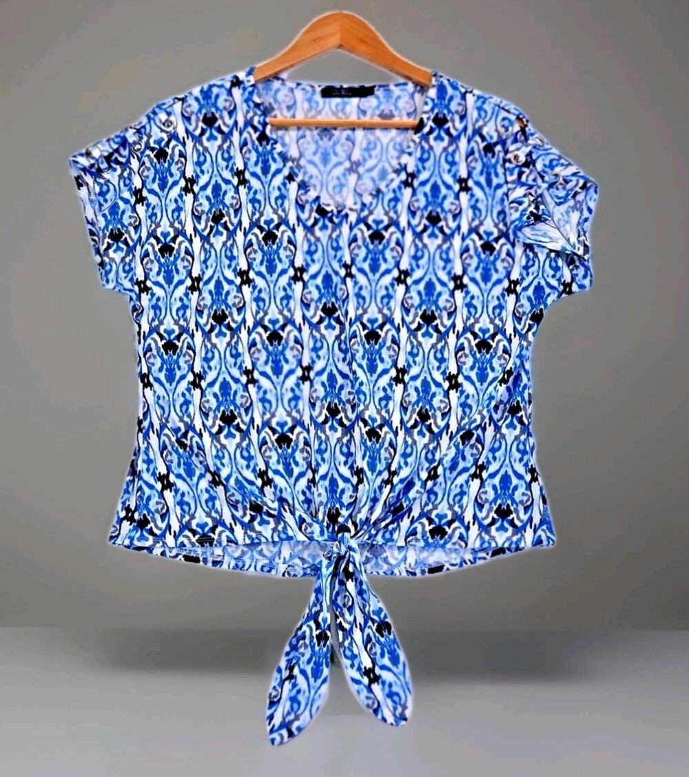 Cure Women's Medium Top Tie Front Shirt Blue Grey Black Blouse Boat Neck Sailor